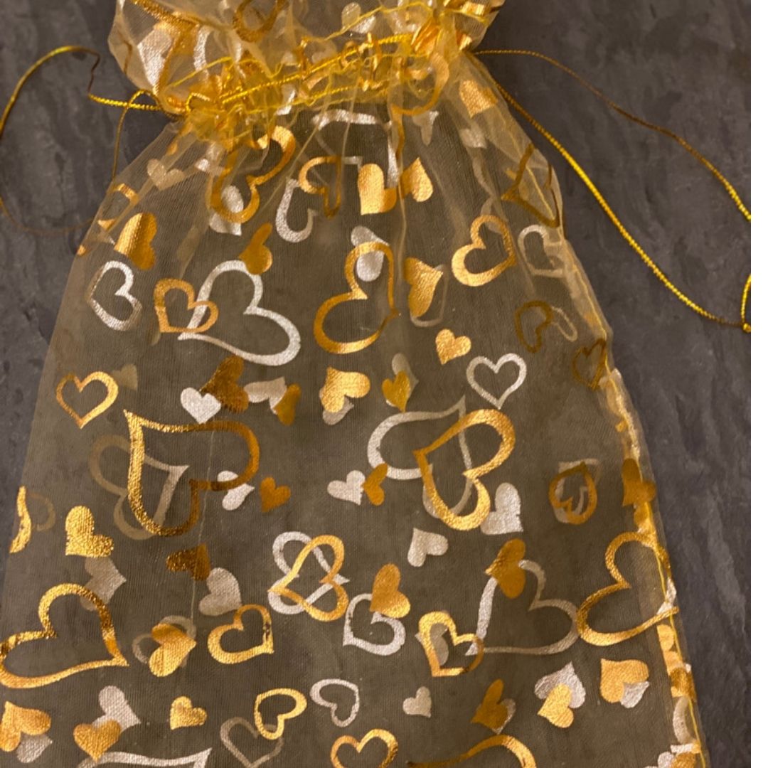 Anar Gourmet Foods gift bag add-on — gold and white heart-patterned organza gift bag
