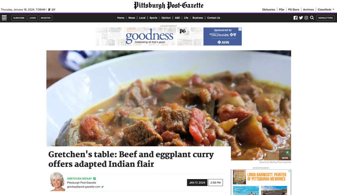 Beef and Eggplant Curry recipe featured by Gretchen McKay in the Pittsburgh Post Gazette