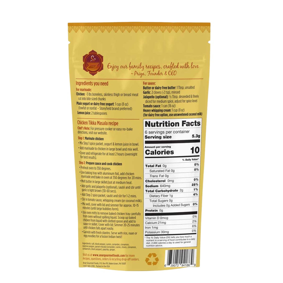 Back label of Anar Gourmet Foods Chicken Tikka Masala seasonings, showing nutrition facts and ingredient list, all natural and gluten-free.