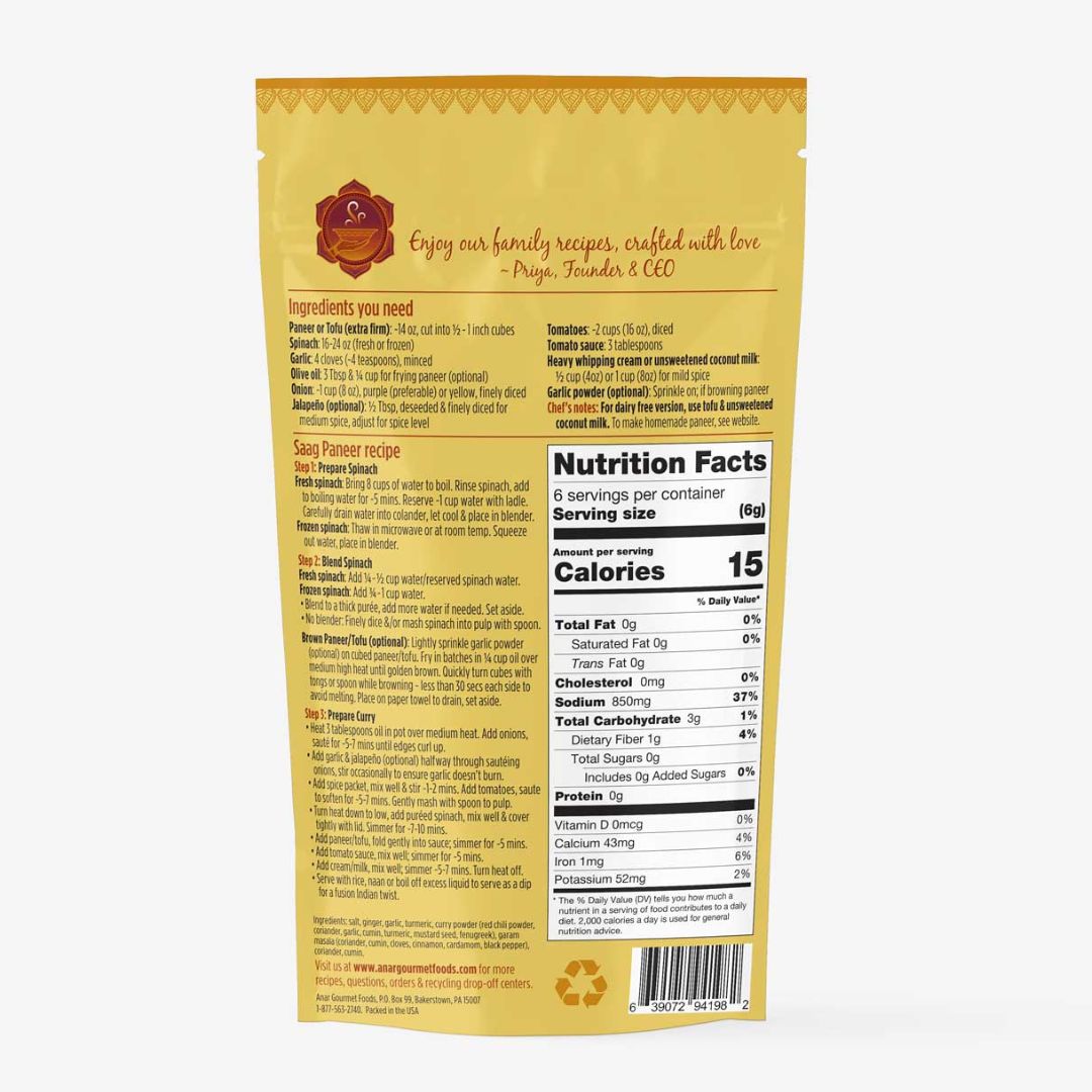 Saag Paneer/Tofu Gourmet Seasoning Mix | Family Size