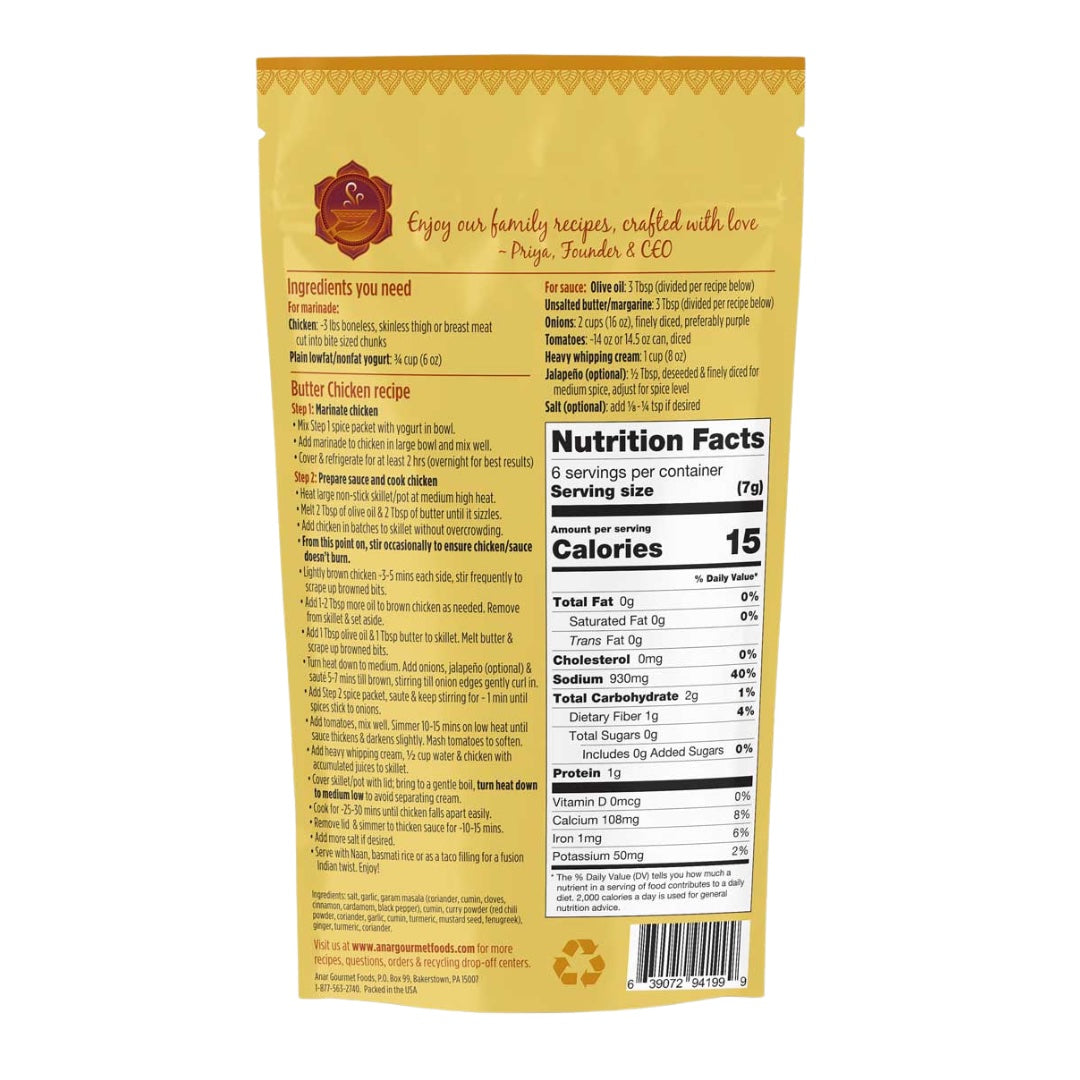 Back label of Anar Gourmet Foods Butter Chicken, showing recipe instructions and nutrition facts, all natural and gluten-free