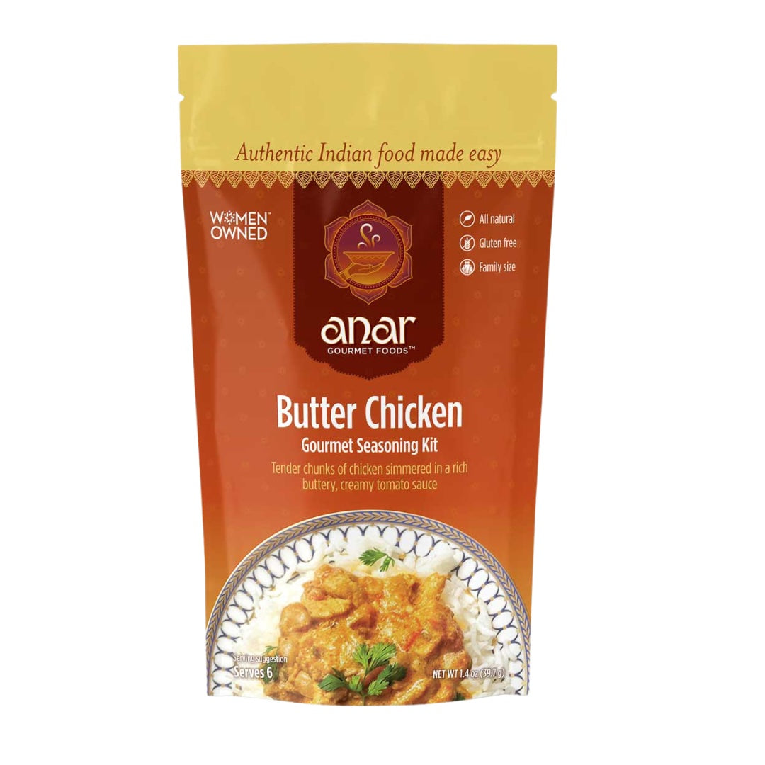 Front label of Anar Gourmet Foods Butter Chicken seasoning packet, all natural and gluten-free