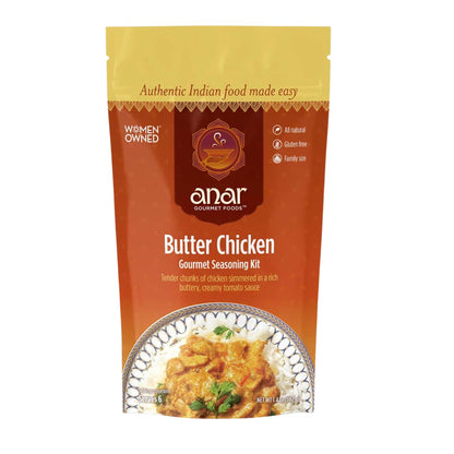 Front label of Anar Gourmet Foods Butter Chicken seasoning packet, all natural and gluten-free