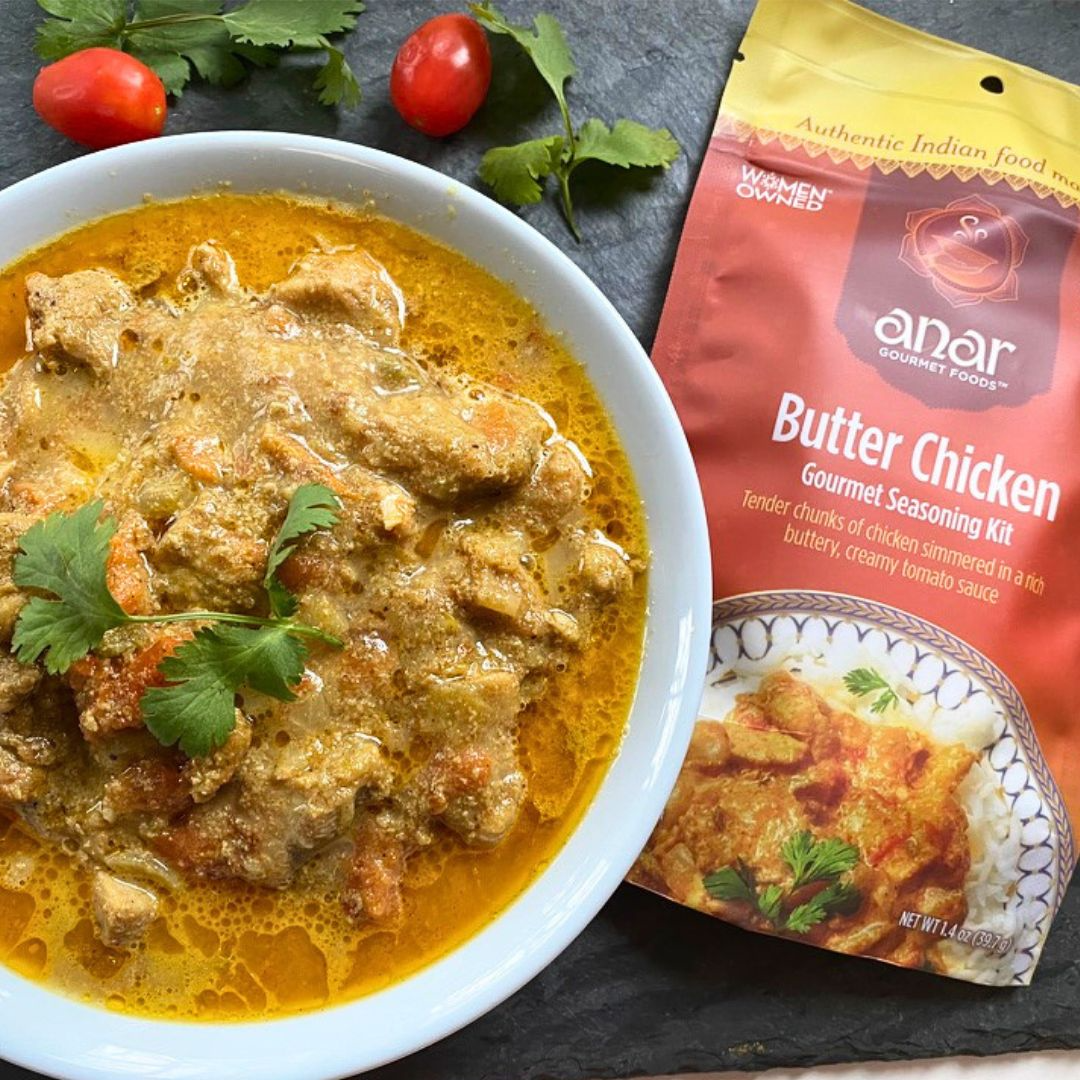 Bowl of Butter Chicken with Anar Gourmet Foods all natural, gluten-free seasoning packet
