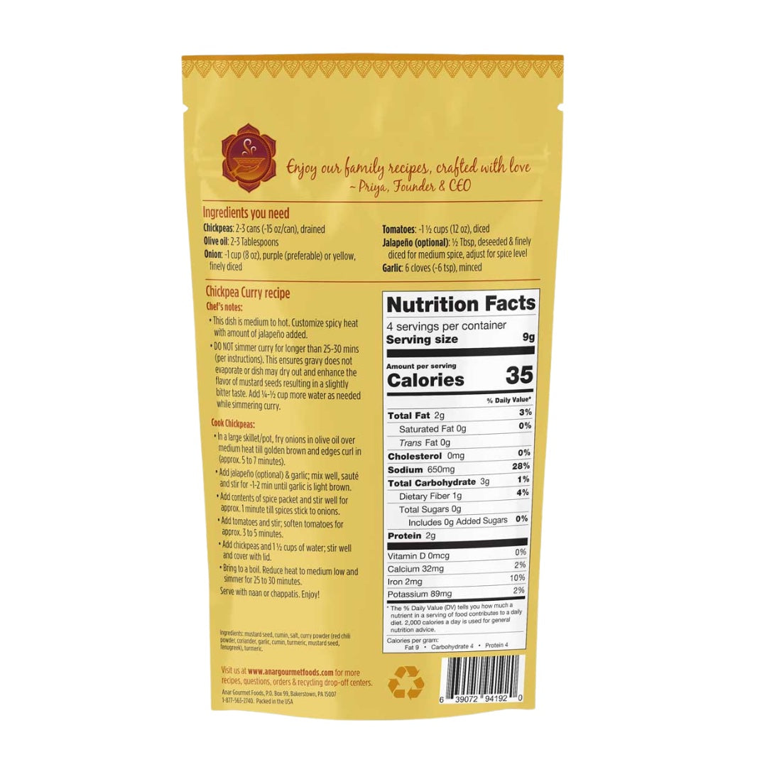 Anar Gourmet Foods chickpea curry seasoning back label with all natural, gluten-free ingredients, recipe instructions, and nutrition facts