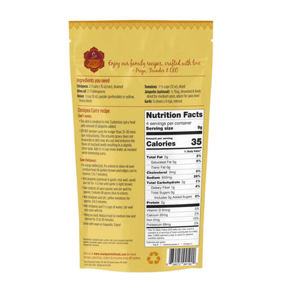 Anar Gourmet Foods chickpea curry seasoning back label with all natural, gluten-free ingredients, recipe instructions, and nutrition facts