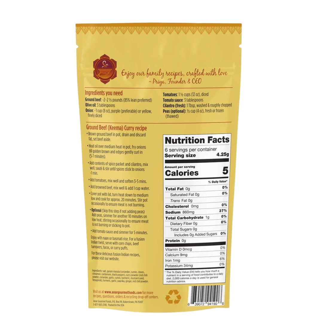Back label of Anar Gourmet Foods Ground Beef Keema Curry, showing recipe instructions and nutrition facts, all natural and gluten-free