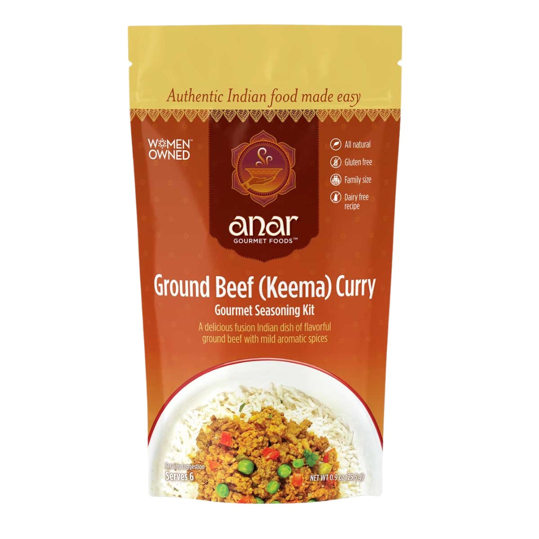 Front label of Anar Gourmet Foods Ground Beef Keema Curry seasoning packet, all natural and gluten-free