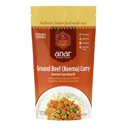 Front label of Anar Gourmet Foods Ground Beef Keema Curry seasoning packet, all natural and gluten-free