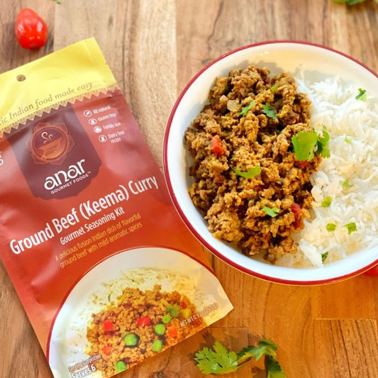 Bowl of Ground Beef Keema Curry with rice, made using Anar Gourmet Foods all natural, gluten-free seasoning packet