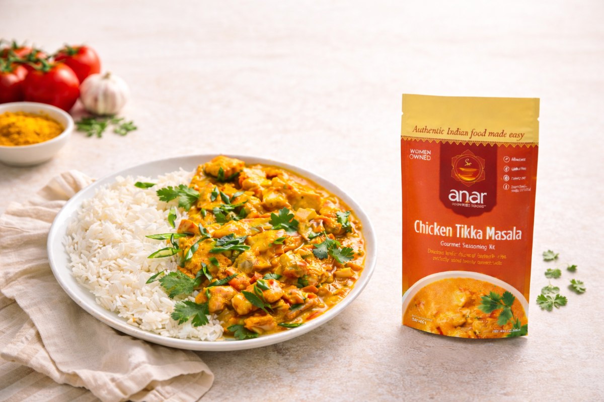 Plate of chicken tikka masala made with Anar gourmet foods spice packet