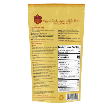 Anar Gourmet Foods all-natural, gluten-free lamb curry seasoning — back label with recipe instructions and nutrition facts