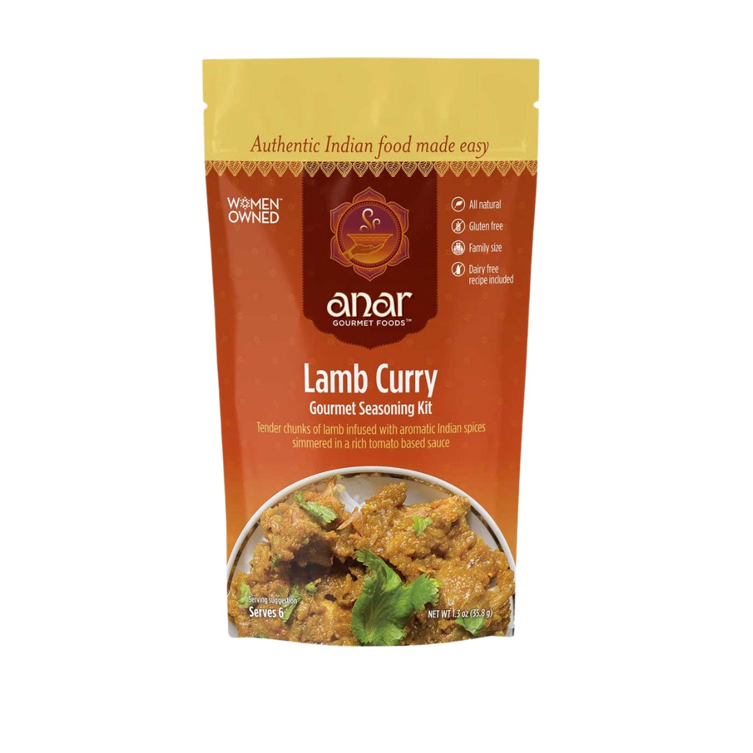 Anar Gourmet Foods all-natural, gluten-free lamb curry seasoning — front label showing women-owned, gluten-free, and dairy-free callouts