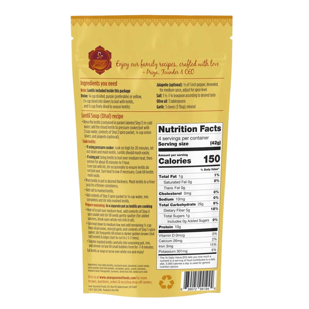 Anar Gourmet Foods lentil (dhal) soup kit, back label with recipe and nutrition facts