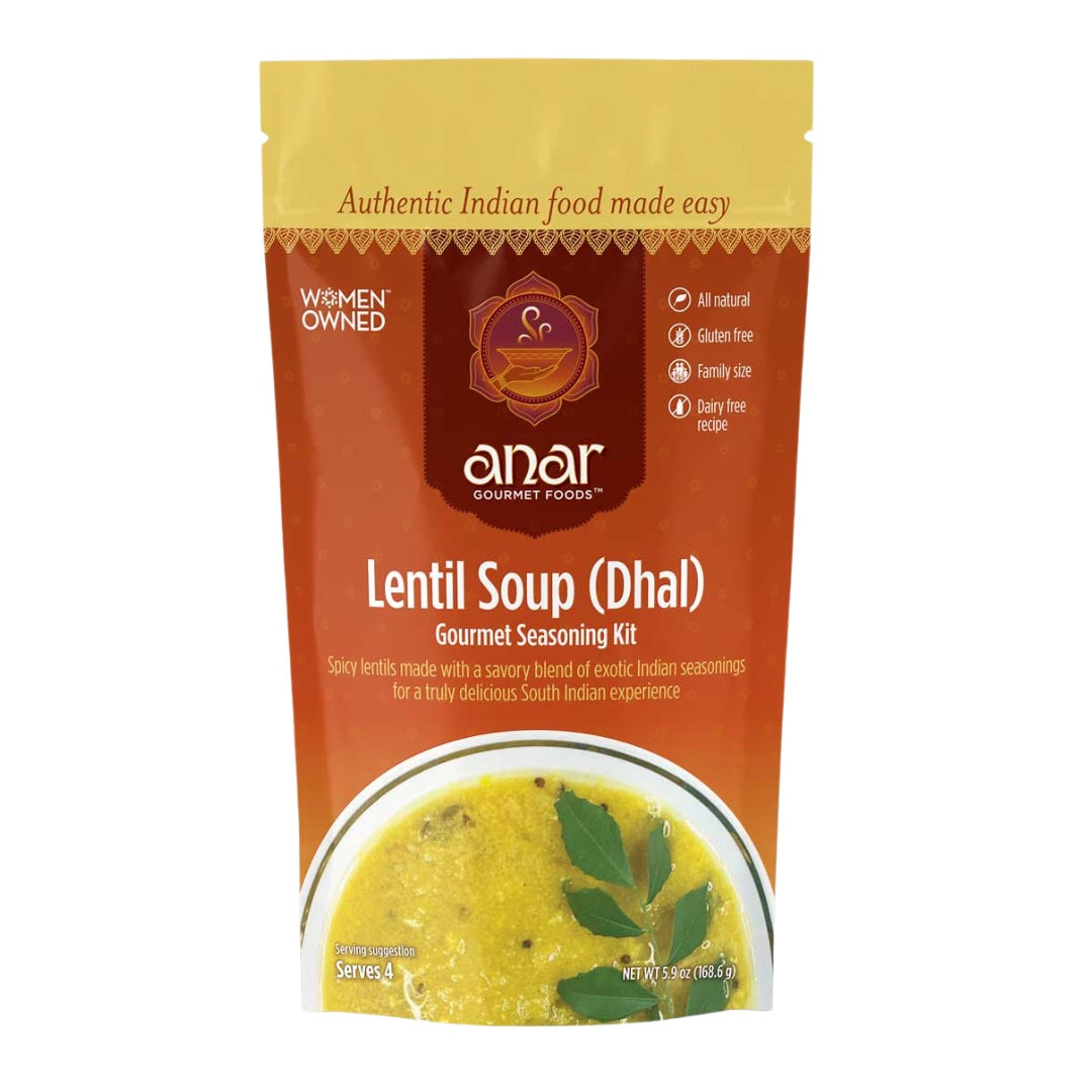 Anar Gourmet Foods lentil (dhal) soup kit, front label packaging