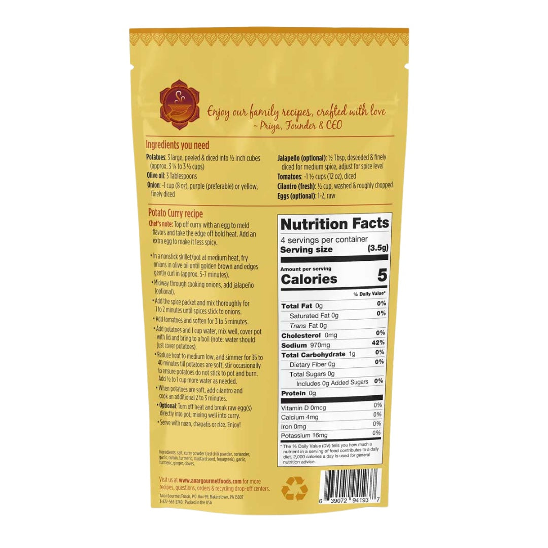 Anar Gourmet Foods all-natural, gluten-free potato curry, back label with recipe and nutrition facts