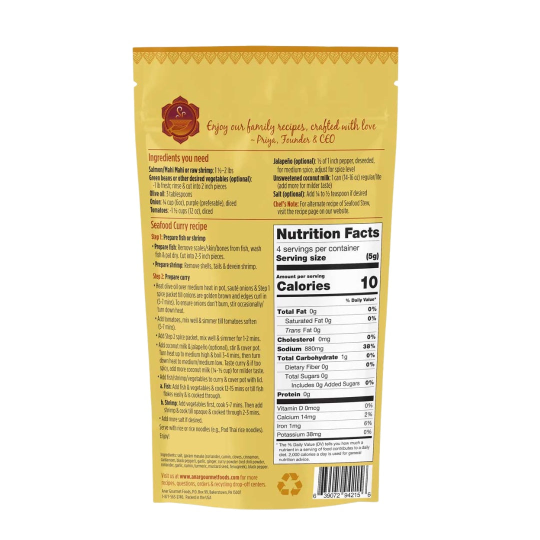 Anar Gourmet Foods all-natural, gluten-free seafood curry, back label with recipe and nutrition facts