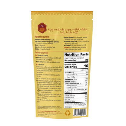 Anar Gourmet Foods all-natural, gluten-free seafood curry, back label with recipe and nutrition facts
