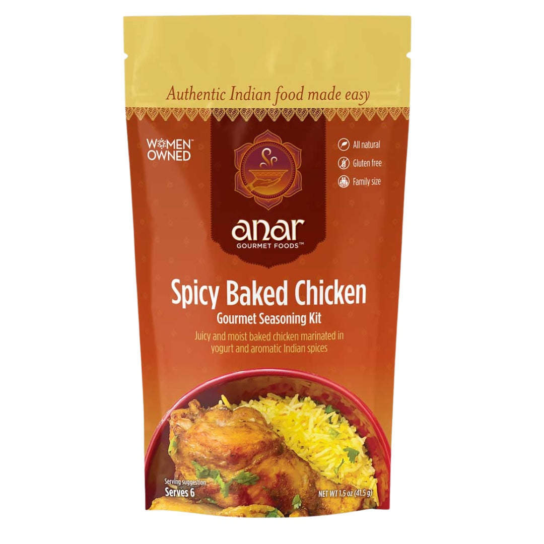 Anar Gourmet Foods all-natural, gluten-free spicy baked chicken, front label showing the seasoning and recipe packaging