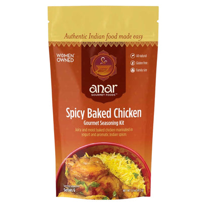 Anar Gourmet Foods all-natural, gluten-free spicy baked chicken, front label showing the seasoning and recipe packaging
