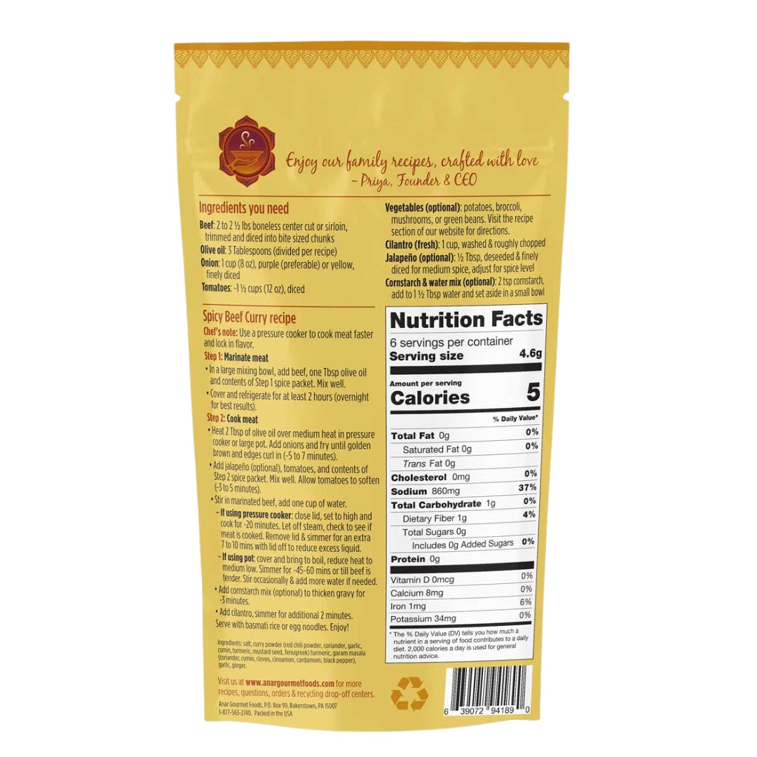 Anar Gourmet Foods all-natural, gluten-free spicy beef curry, back label with recipe and nutrition facts