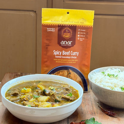 Anar Gourmet Foods all-natural, gluten-free spicy beef curry, served with basmati rice and seasoning package