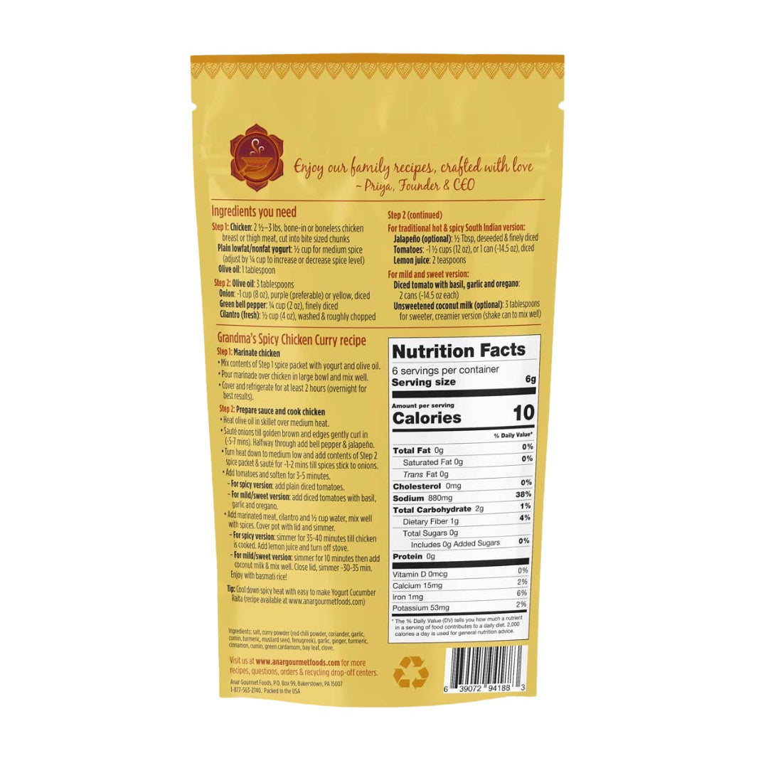 Anar Gourmet Foods, all natural, gluten-free, grandma's spicy chicken curry seasoning and recipe, back label with recipe instructions and nutrition facts