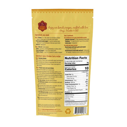 Anar Gourmet Foods, all natural, gluten-free, grandma's spicy chicken curry seasoning and recipe, back label with recipe instructions and nutrition facts