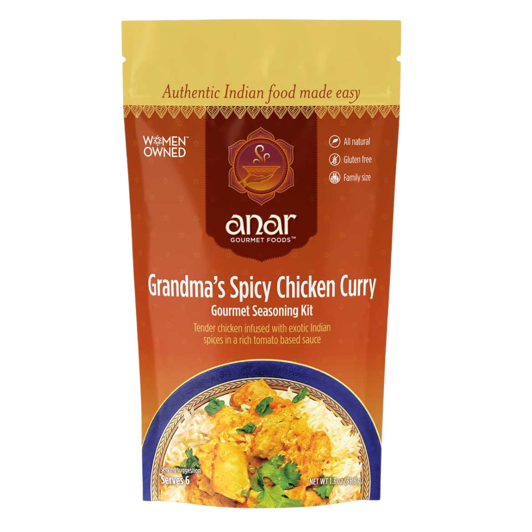 Anar Gourmet Foods, all natural, gluten-free, grandma's spicy chicken curry seasoning and recipe, front label packaging with serving suggestion 