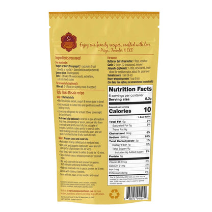Anar Gourmet Foods all-natural, gluten-free tofu tikka masala seasoning — back label with recipe instructions and nutrition facts