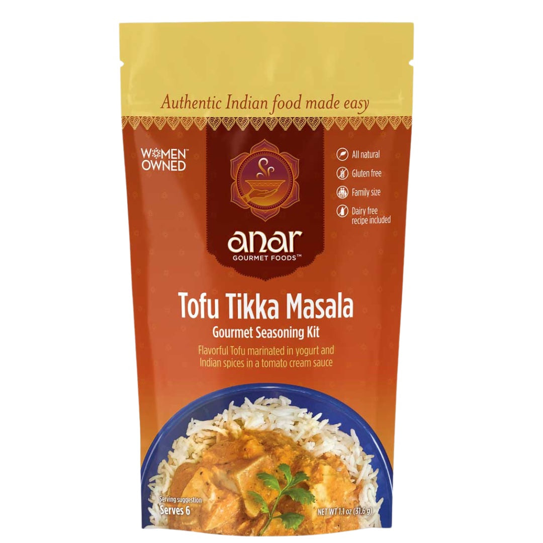 Anar Gourmet Foods all-natural, gluten-free tofu tikka masala seasoning — front label showing women-owned, gluten-free, and dairy-free callouts