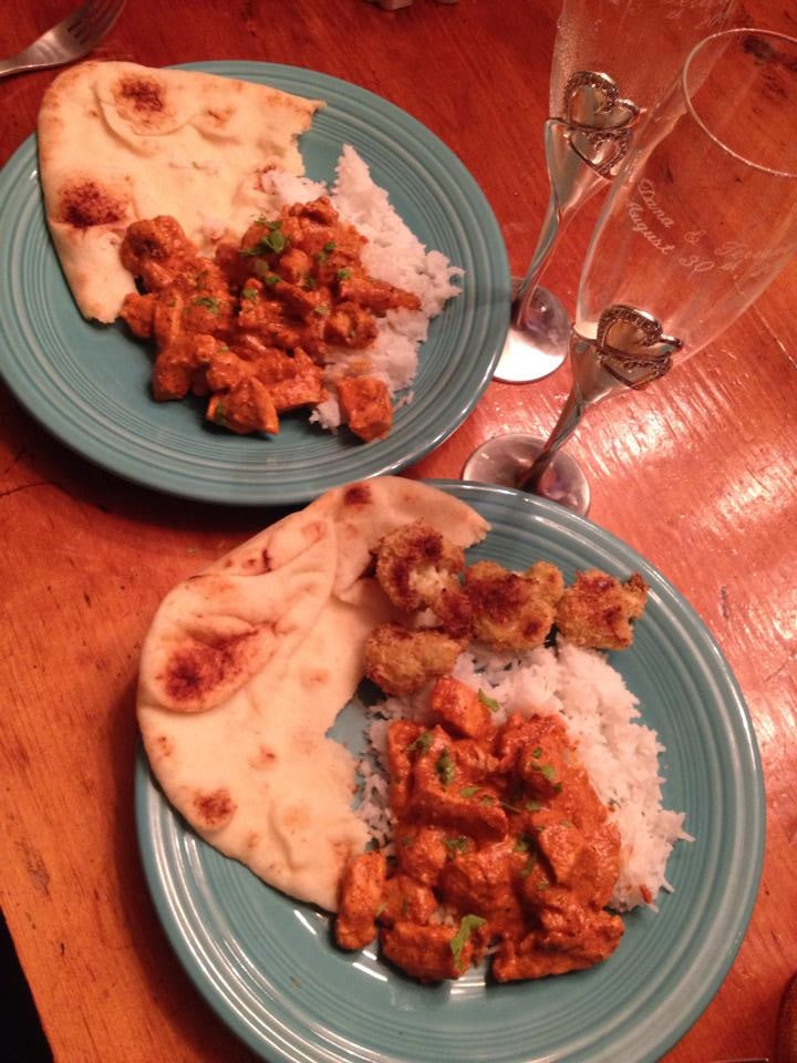 Chicken Tikka Masala meal made by a customer using Anar Gourmet Foods seasonings, served with rice and naan