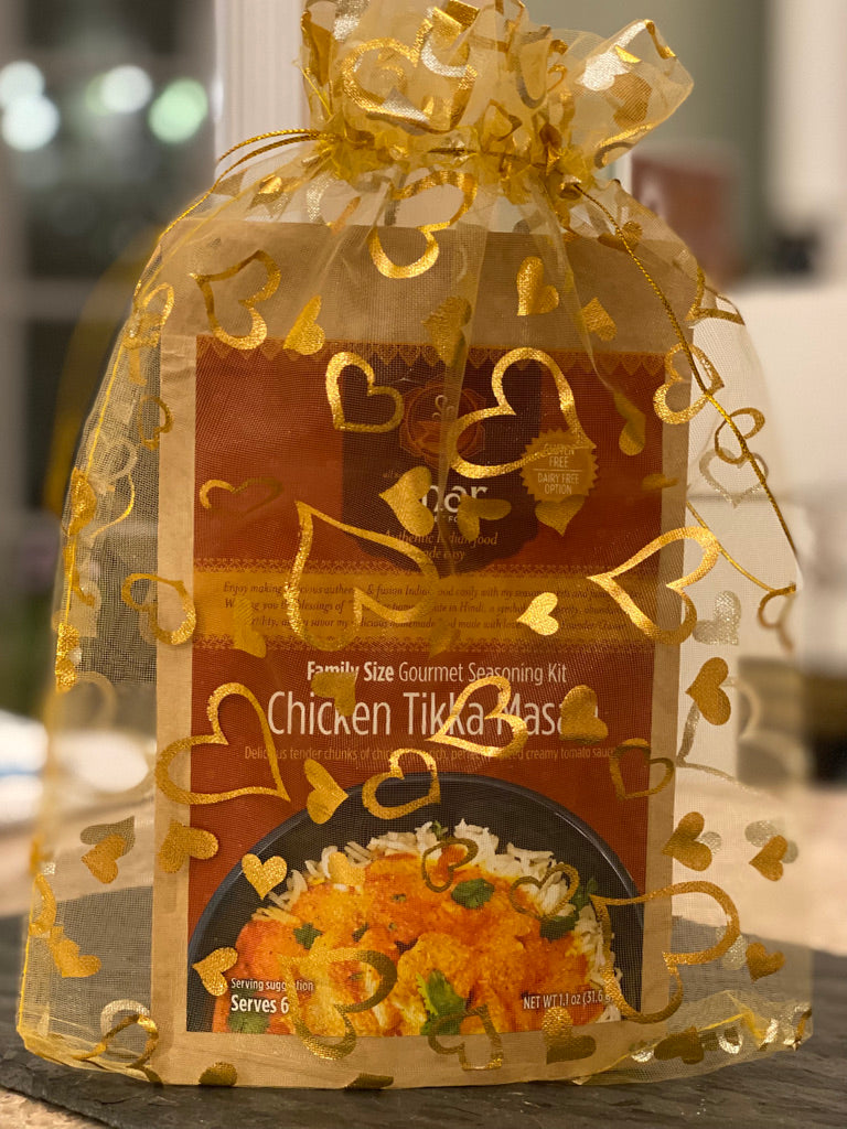 Anar Gourmet Foods Indian seasoning blends gift box — Chicken Tikka Masala packet wrapped in golden organza bag with heart pattern