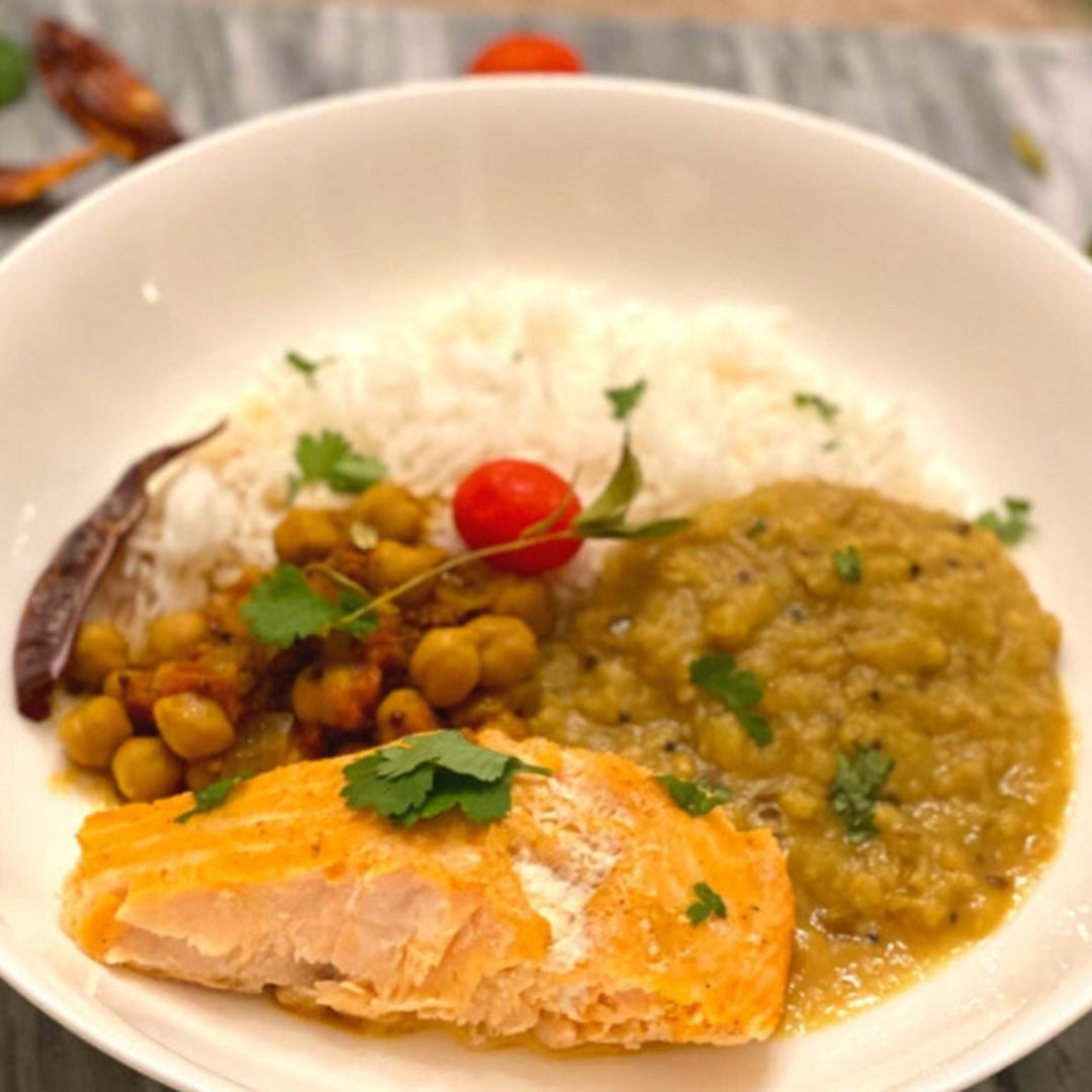 Anar Gourmet Foods lentil (dhal) soup served with rice, chickpeas, and salmon