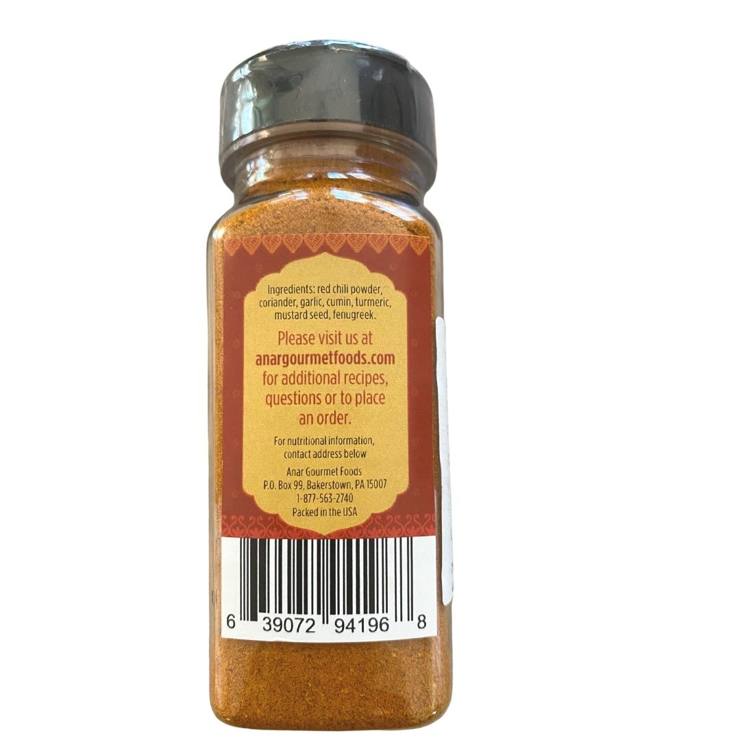 Anar Gourmet Foods all-natural South Indian hot curry powder — back label with ingredient list and contact information