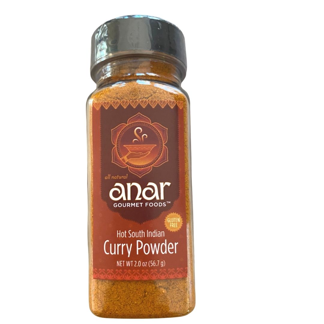 Anar Gourmet Foods all-natural South Indian hot curry powder — front label showing gluten-free bottle on white background