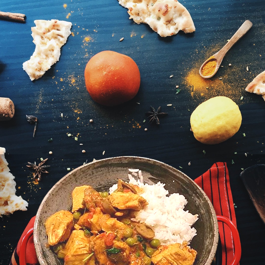 Anar Gourmet Foods, all natural, gluten-free, grandma's spicy chicken curry seasoning and recipe, chicken curry with rice and naan made by a customer