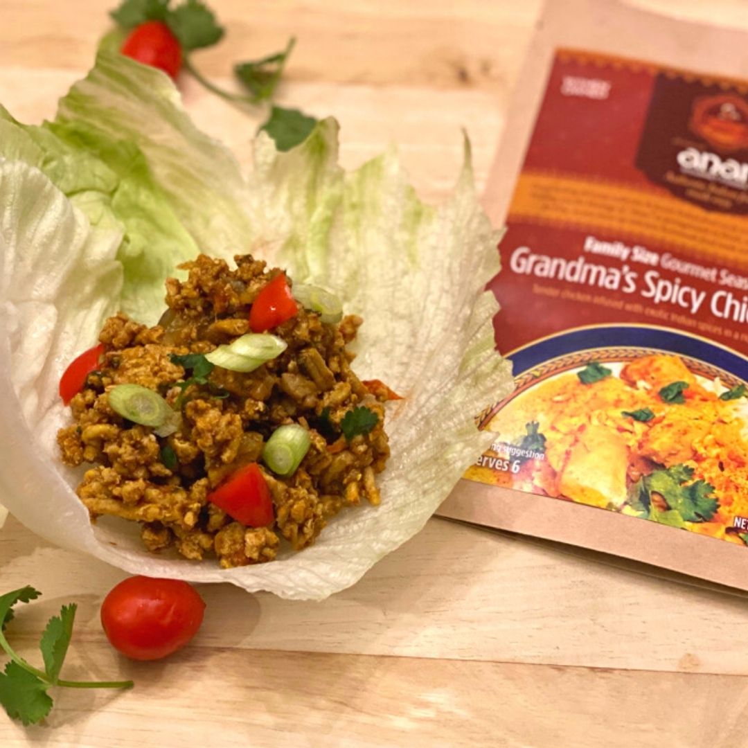 Anar Gourmet Foods, all natural, gluten-free, grandma's spicy chicken curry seasoning and recipe, ground chicken lettuce wrap with tomato and scallion
