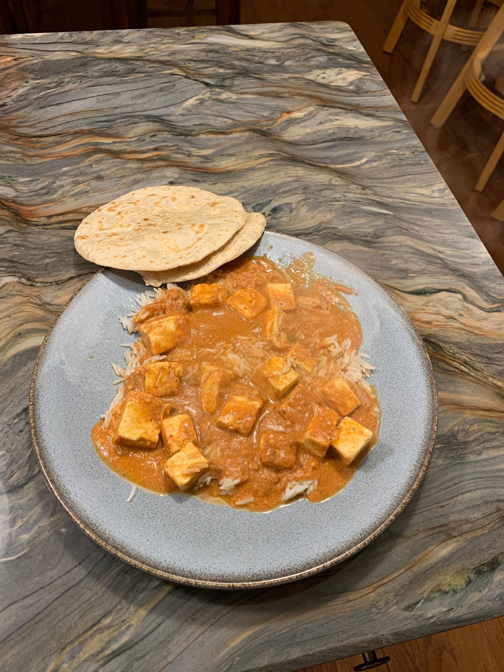Anar Gourmet Foods all-natural, gluten-free tofu tikka masala seasoning, made by a customer — served with rice and roti