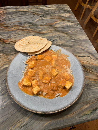 Anar Gourmet Foods all-natural, gluten-free tofu tikka masala seasoning, made by a customer — served with rice and roti